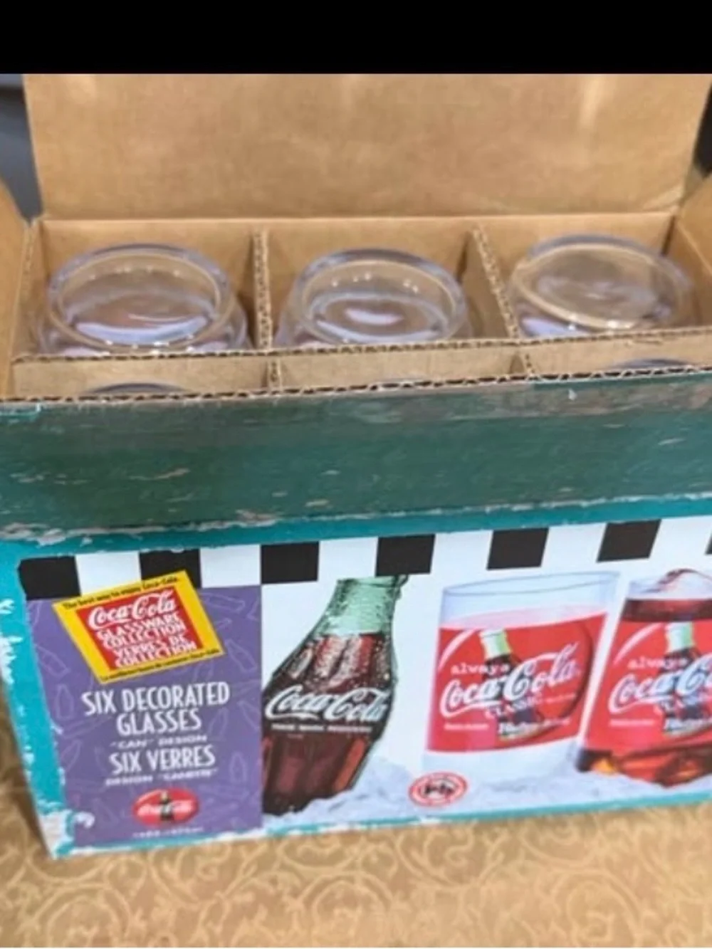 1997 Vintage Coca Cola Glasses Set with Red Logo and Green Bottle Artwork